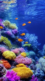 Orange reef fish swim above dense multicolored coral formations