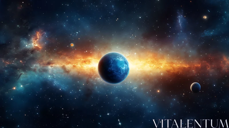 Planetary silhouette framed by blazing galactic nebula.