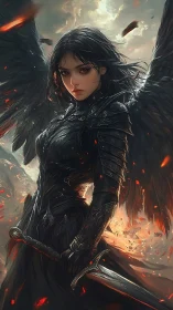 Winged armored figure stands with sword amid embers