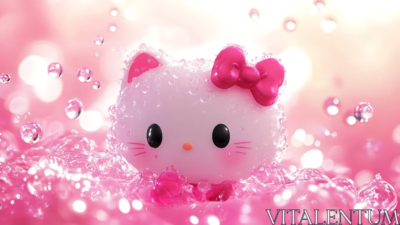 Kawaii bubble cat head in luminous pink liquid environment.
