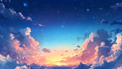 Radiant sunset clouds drift beneath a star-swept sky.