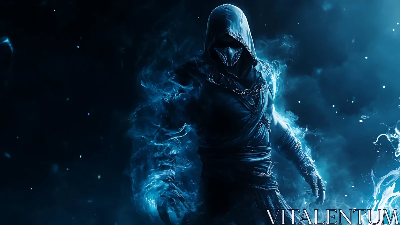 Hooded wraith in luminous blue spectral flames, stalking.