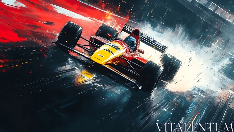 Formula race car slides through wet track in dynamic motion