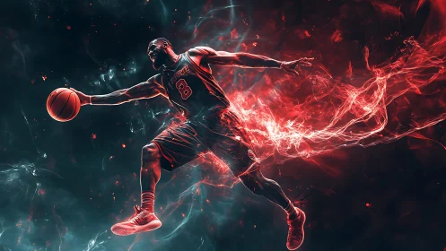 Dynamic basketball dunk rendered with neon energy trails and motion