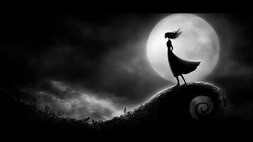 Silhouette figure on curled hill before full moon at night.