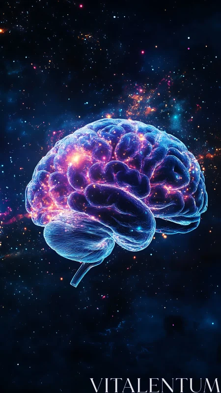 Luminescent neural brain model suspended within deep cosmic void