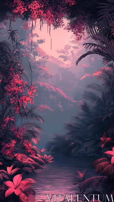 Dreamlike neon jungle creek under soft magenta haze.