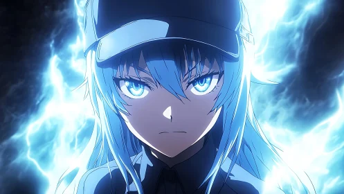 Blue haired anime girl framed by intense electric energy.