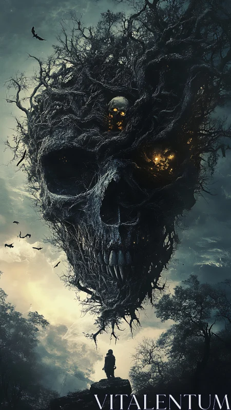 Giant skeletal tree formation above lone figure in forest.