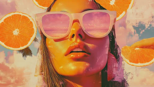 Bold summer portrait with citrus, sunglasses and sky.