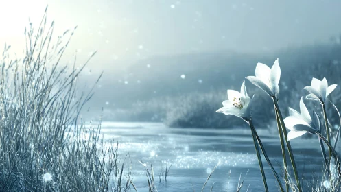 Winter river lilies catching the first quiet morning light.