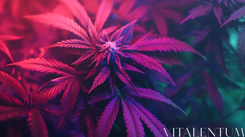 Neon-gradient cannabis foliage under dual-color key lighting.