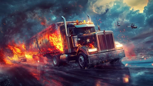 Flaming tanker truck charging through storm battlefield sky.