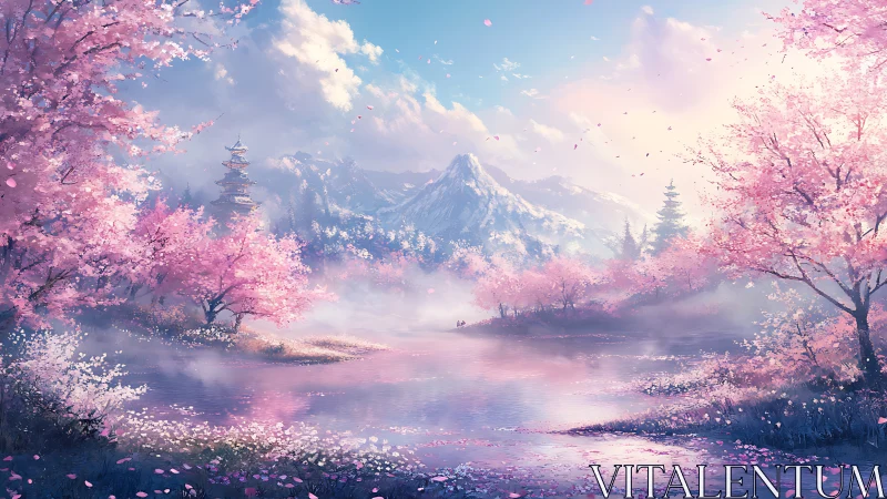 Serene cherry blossom valley encircles misted alpine lake