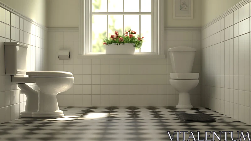 Sunlit tiled bathroom shows twin toilets and checkered floor