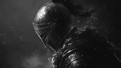 Dark armored knight profile in high contrast monochrome.