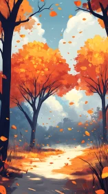 Autumn Forest Path with Falling Leaves.