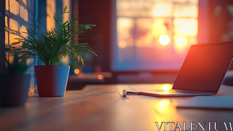 Laptop and potted plant on desk in warm sunset light.