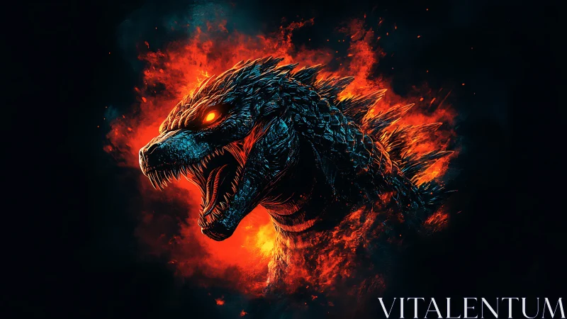 Fiery kaiju roars against darkness in blazing inferno glow