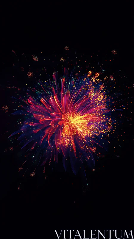 Radiant neon fireworks bloom against a deep night sky.