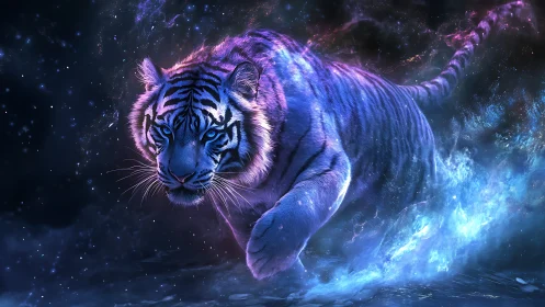 Cosmic blue tiger padding through stardust with quiet power.