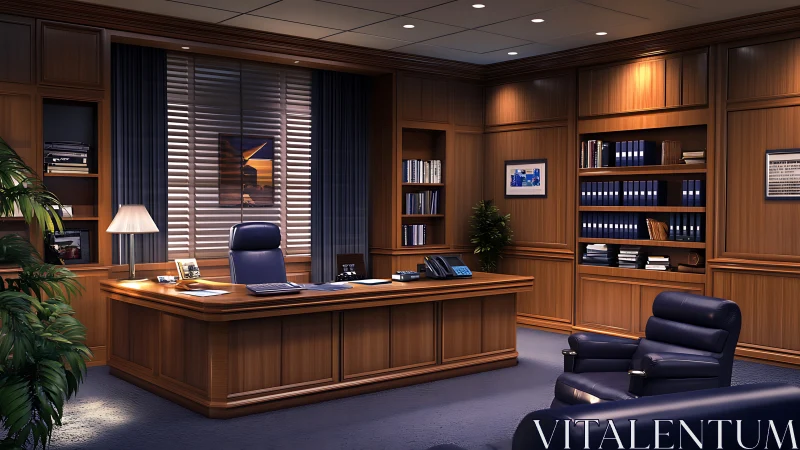 Executive wood office glows under warm recessed lighting.