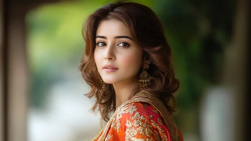 Portrait captures soft-depth lighting on ornate embroidered attire