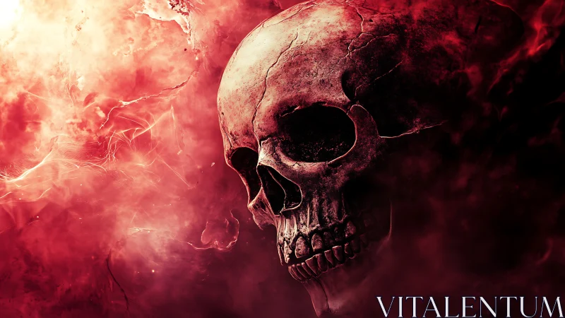 Burning crimson skull in swirling infernal smoke.