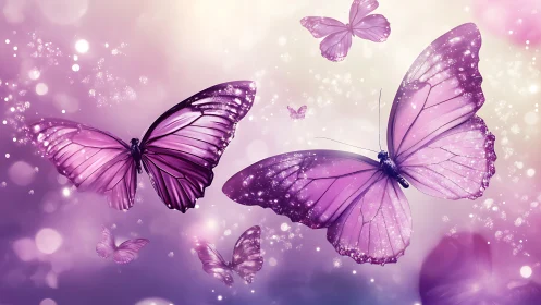 Iridescent violet butterflies in luminous bokeh haze field