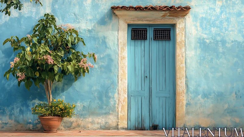 Photorealistic rustic blue doorway with potted courtyard tree.