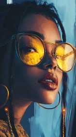 Portrait of woman with yellow glasses in stylized lighting.