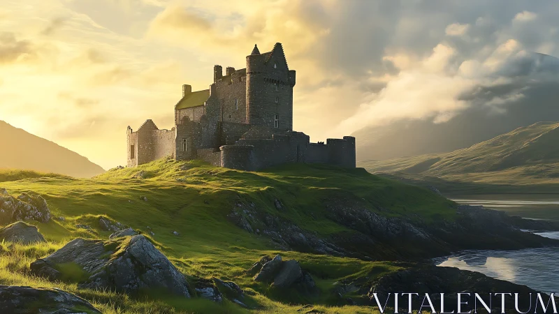 Ancient Scottish Castle Bathed in Golden Highland Light.