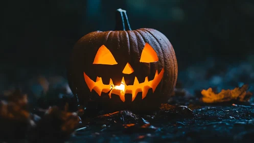 Glowing jack-o’-lantern grins in a dark, misty autumn night.