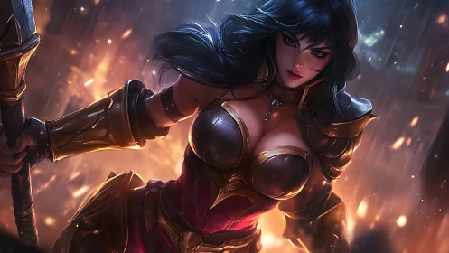 Steel siren strides through embers with stormlit defiance.