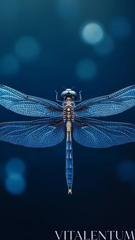 Blue dragonfly illustration on dark abstract background.