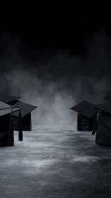 Graduation caps rest on a shadowed stage of achievement.