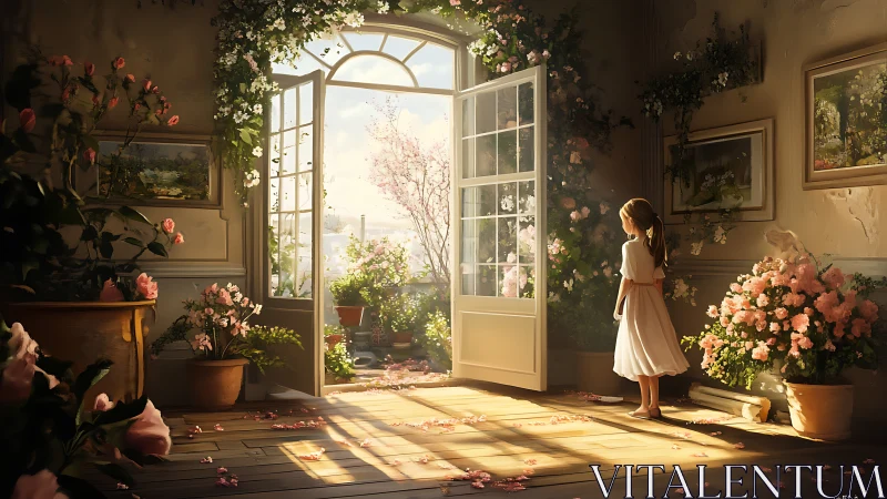 Interior doorway shows girl observing sunlit flowering terrace