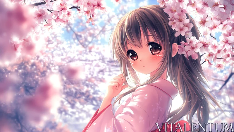 Anime girl stands under dense cherry blossoms in soft light