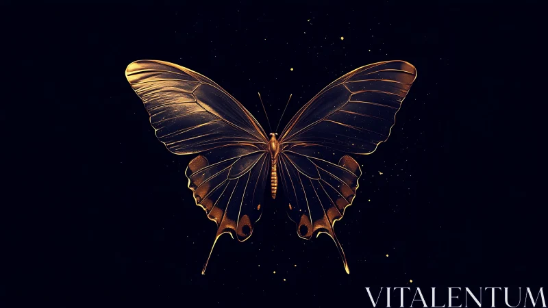 Metallic-gold butterfly rendered with high-contrast rim lighting on deep black