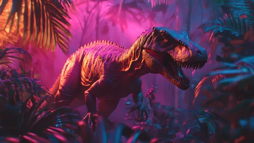 Predatory dinosaur stalks neon jungle under dramatic light