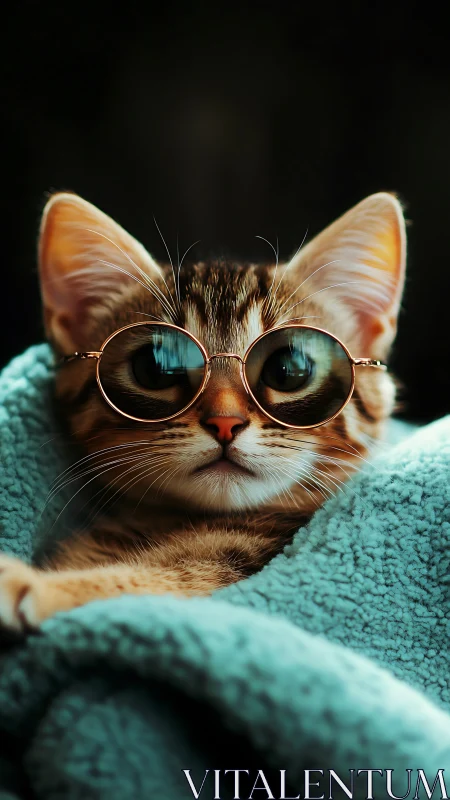 Spectacled Feline: Orange Tabby Strikes Intellectual Pose in Turquoise.