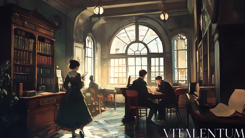 Sunlit Victorian library study with scholars in focus.