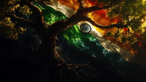 Tree silhouette intersects tricolour textured background accurately