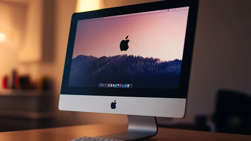 Sleek desktop computer in warm bokeh office lighting setup.