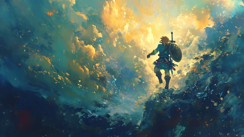 Sword-bearing wanderer climbs into a storm of painted light