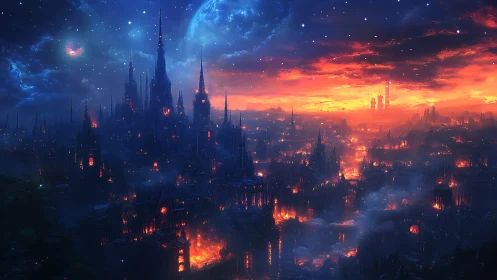 Blazing Metropolis Under Starlit Skies at Dusk