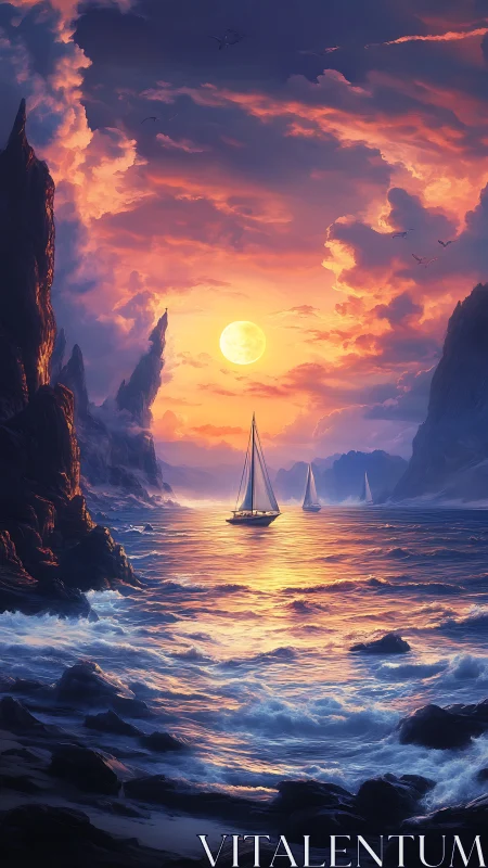 Digital seascape with luminous sunset and sailing vessels.