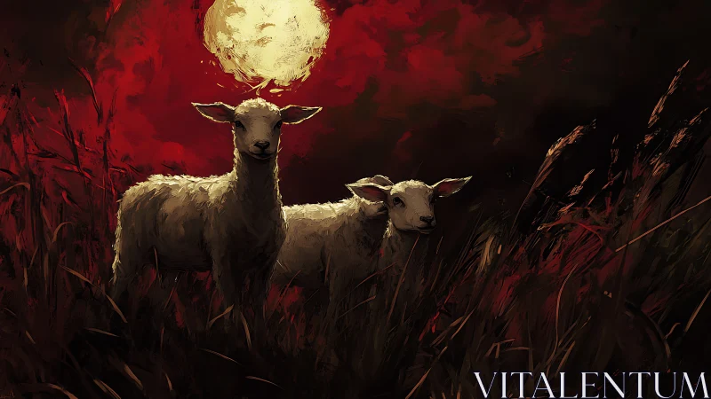 Two lambs in tall grass under intense red night sky.