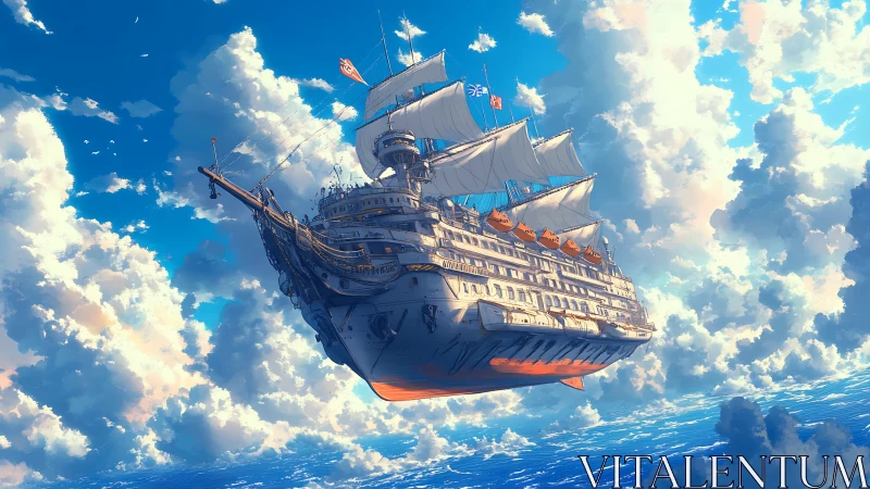 Flying ocean liner warship sails through radiant cloud sea.