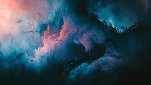 Nebulous teal and coral clouds swirl in an ethereal void.